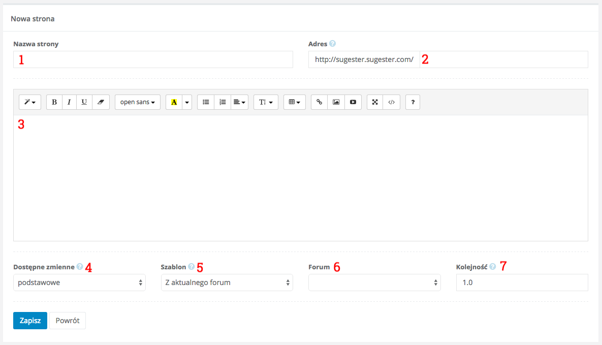 Ekran edycji nowej podstrony w Sugesterze
