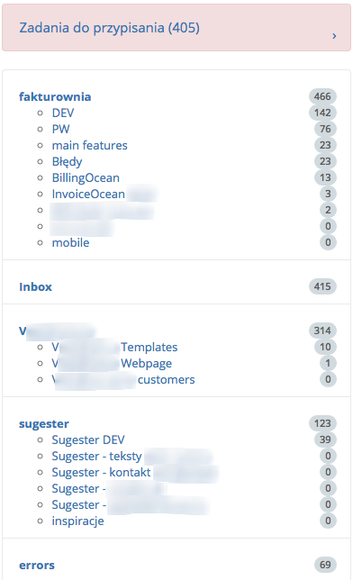 Przykładowe tabele projektów wygenerowane przez Sugestera