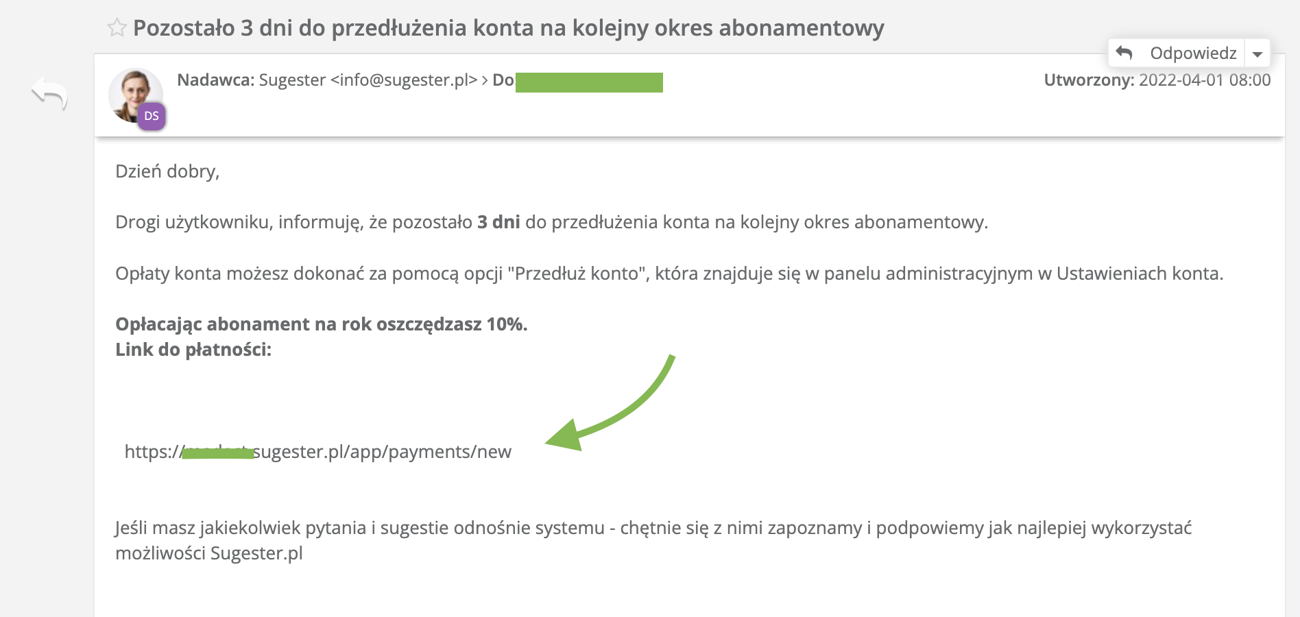 Podgląd treści automatycznego maila w Sugesterze o dokonaniu płatności ze strzałką wskazującą link do płatności
