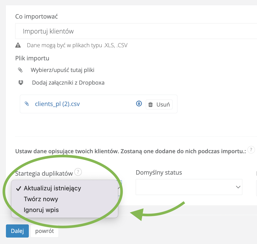 Pole do strategii duplikatów podczas importu klientów
