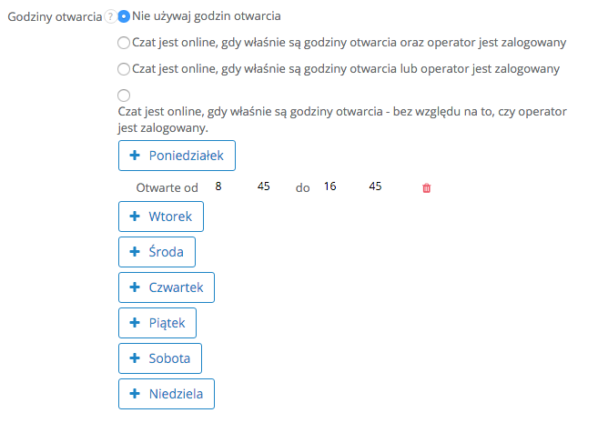 Wybór godzin otwarcia czatu