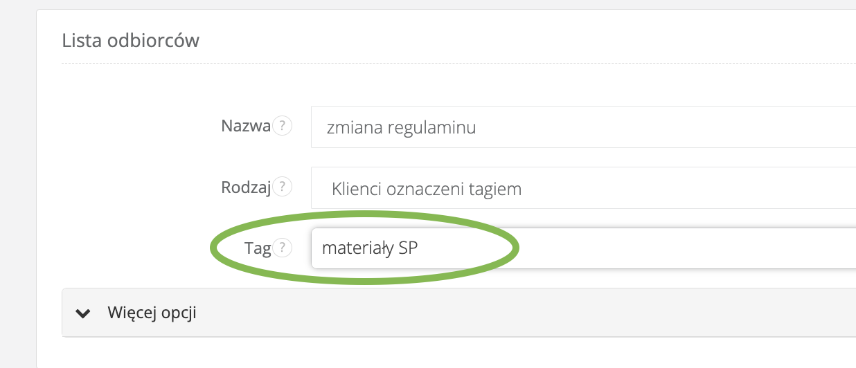 Pole wyboru tagu przy tworzeniu listy odbiorców