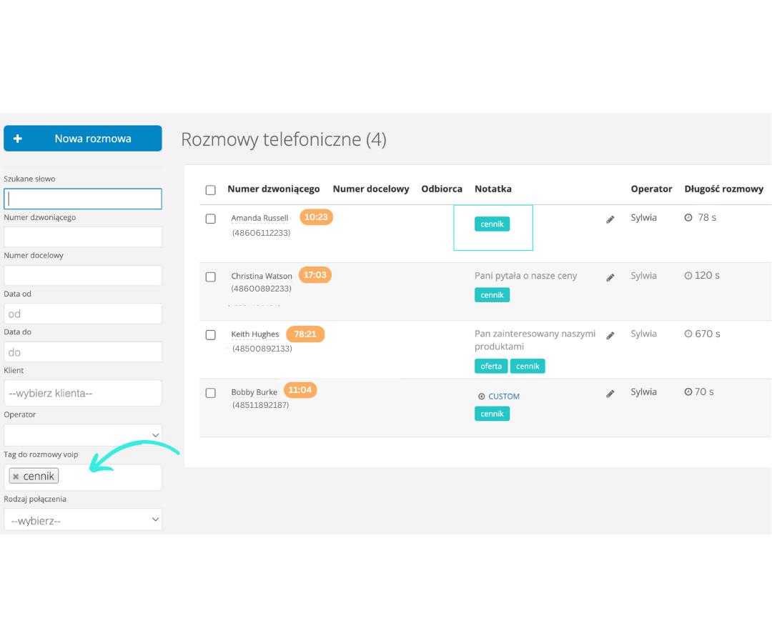 Lista połączeń VOIP w zaznaczonymi tagami do rozmów