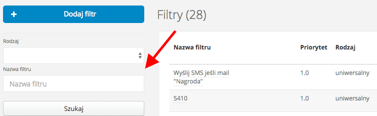 Lista filtrów w Sugesterze z wyszukiwarką po lewej stronie