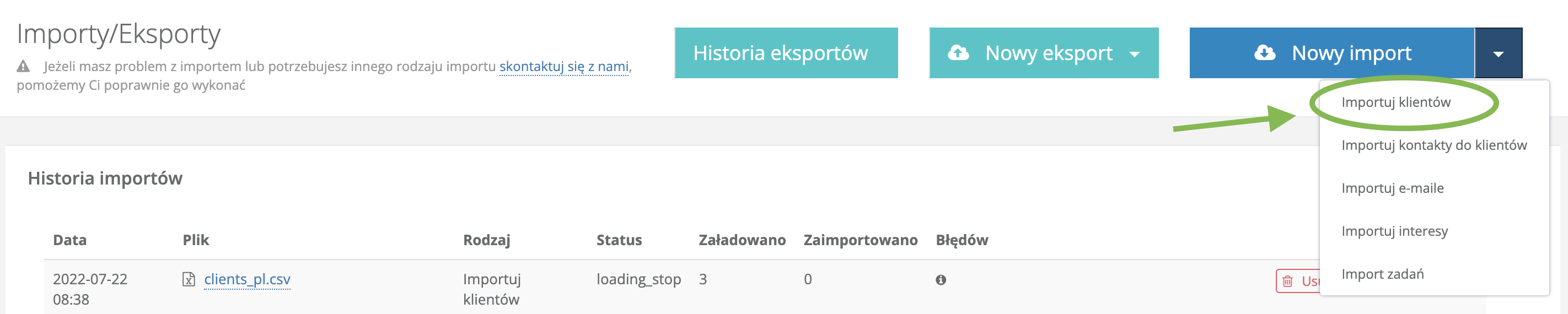 Niebieski przycisk do importu