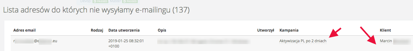 Fragment listy mailingowej w Sugesterze ze wskazaniem kolumny klient i Kampania