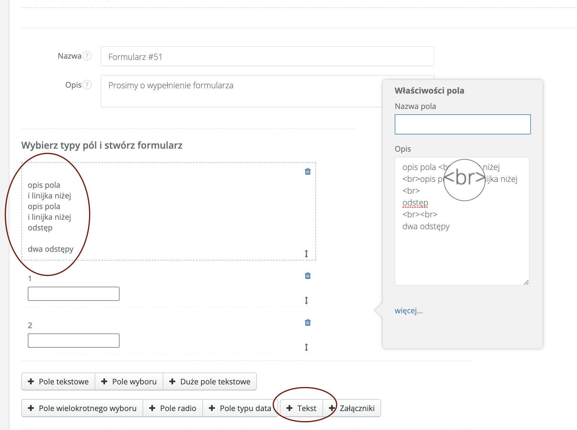 formularze odstepy nowa linia