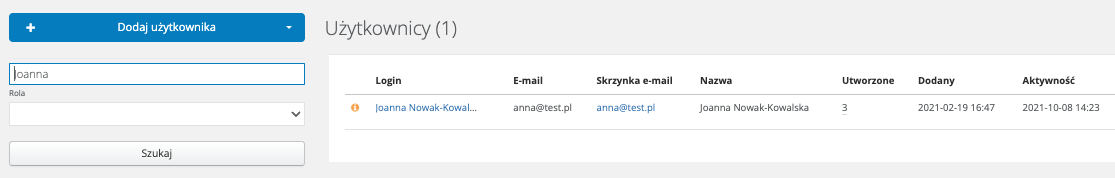 Widok listy użytkowników w Sugesterze z wyszukiwarką po lewej stronie