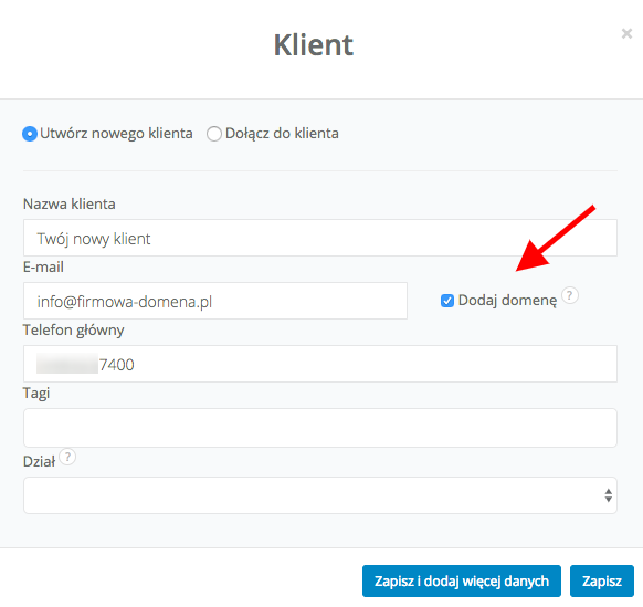 Okno do tworzenia nowego klienta z zaznaczonym checkboxem Dodaj domenę