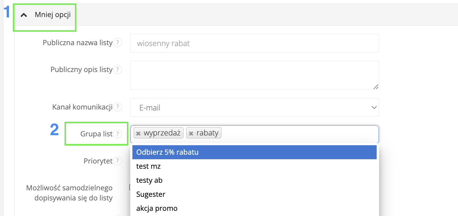 Dodawanie listy odbiorców do grupy