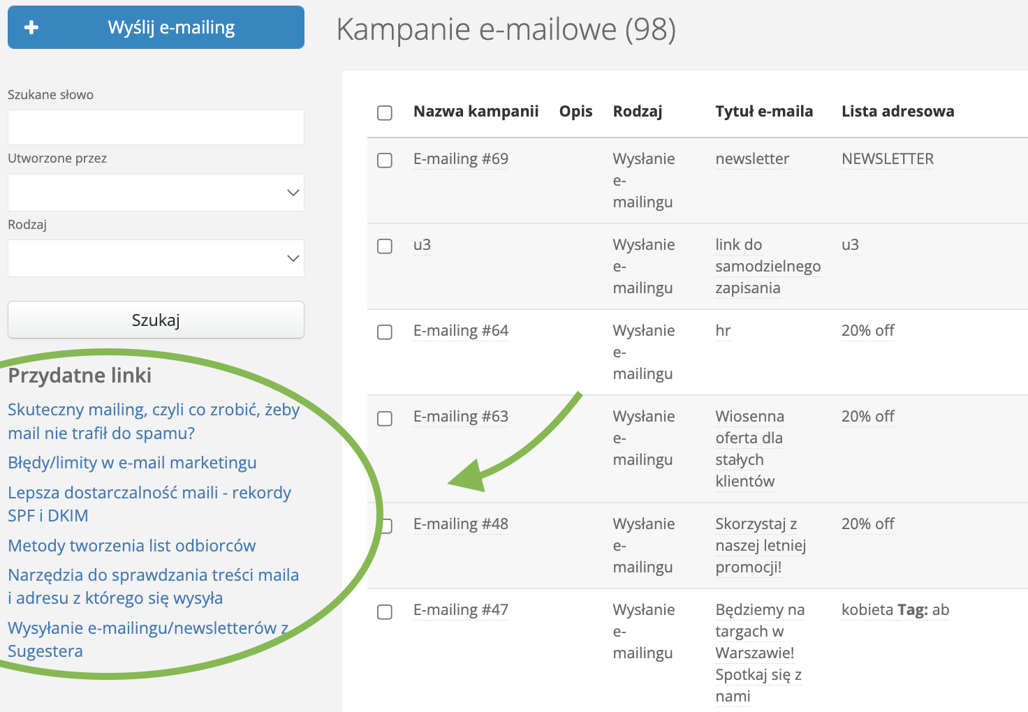 Widok listy kampanii z linkami do pomocnych artykułów