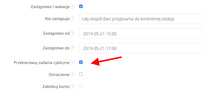 Funkcja urlop w Sugesterze z zaznaczonym checkboxem Przekierowuj zadania cykliczne