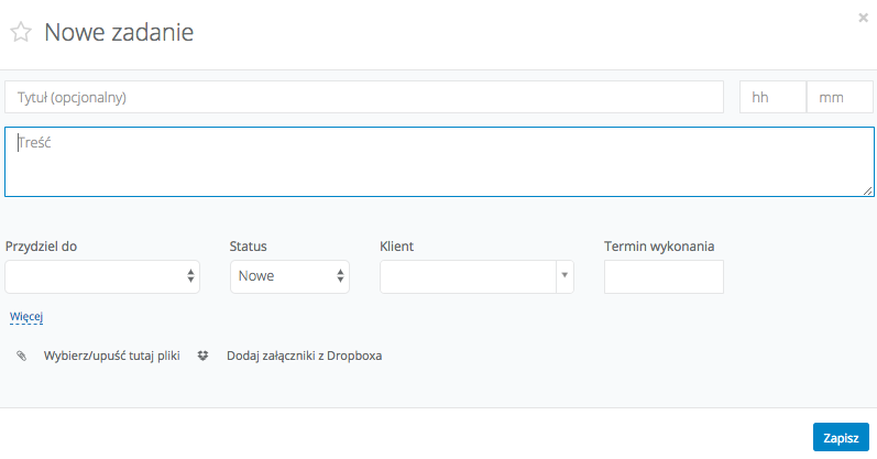 Widok zmienionego wyglądu popupu do tworzenia zadań