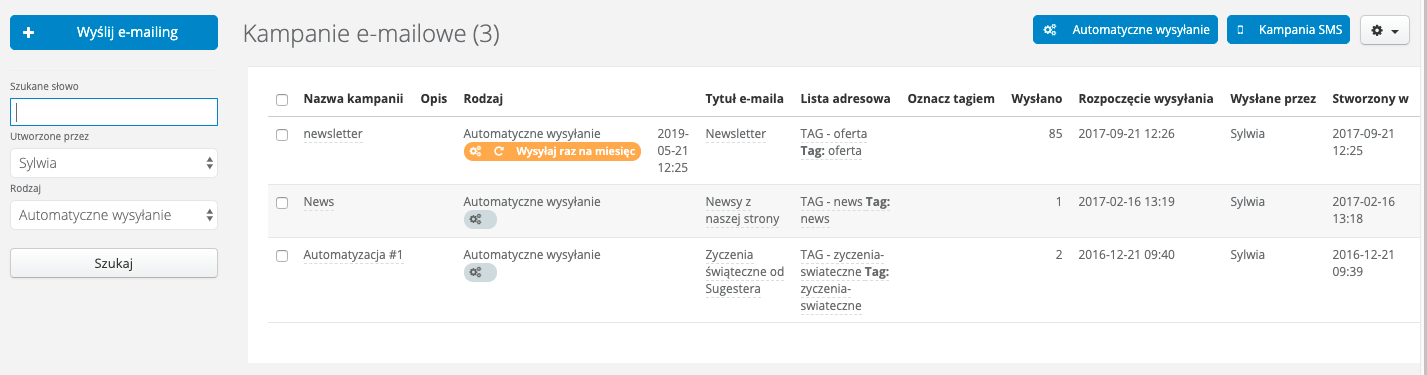 Lista kampanii mailingowych w Sugesterze z wyszukiwarką po lewej stronie listy