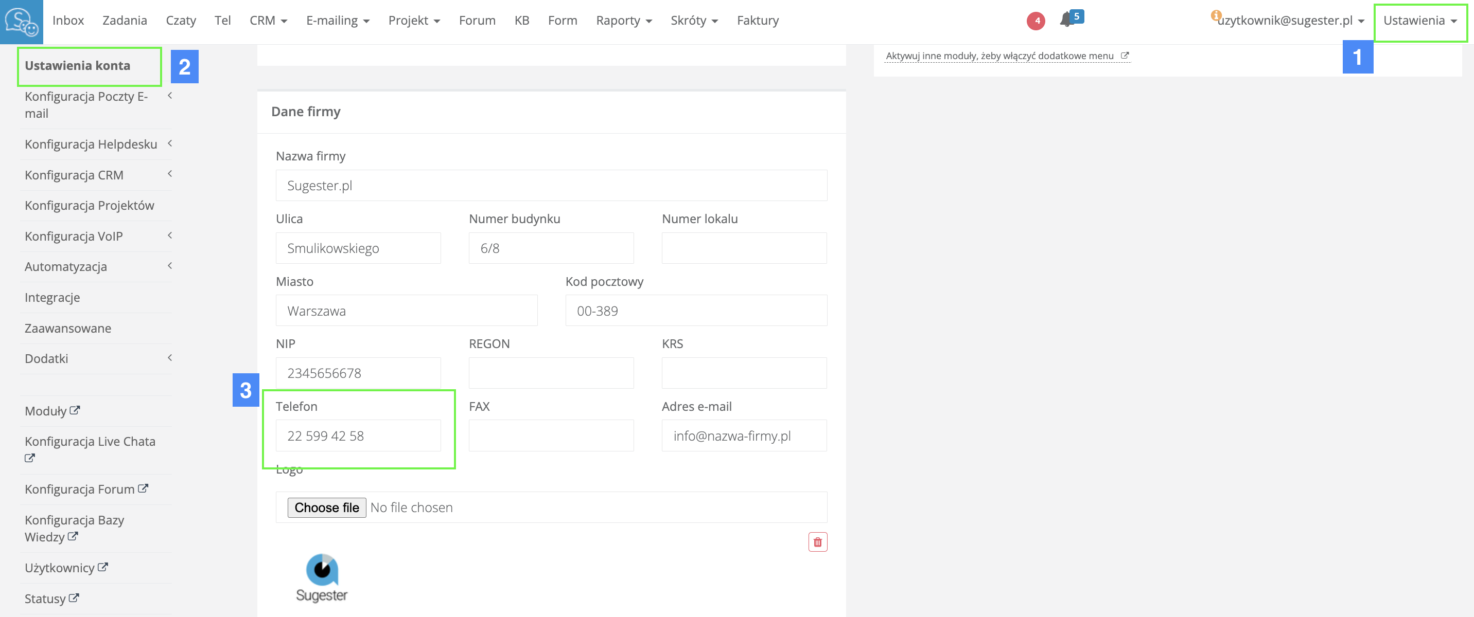 Profil firmowy w Sugesterze - nr tel