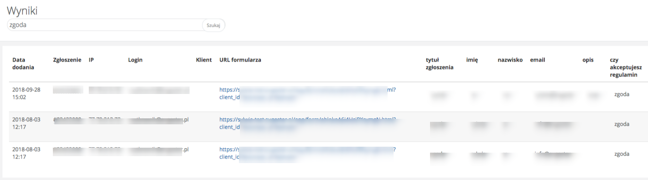 Lista wyników formularzy w Sugesterze z oknem wyszukiwarki na górze listy