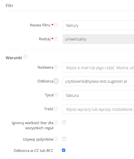 Konfiguracja filtru w Sugesterze z zaznaczonym checkboxem Odbiorca w CC lub BCC