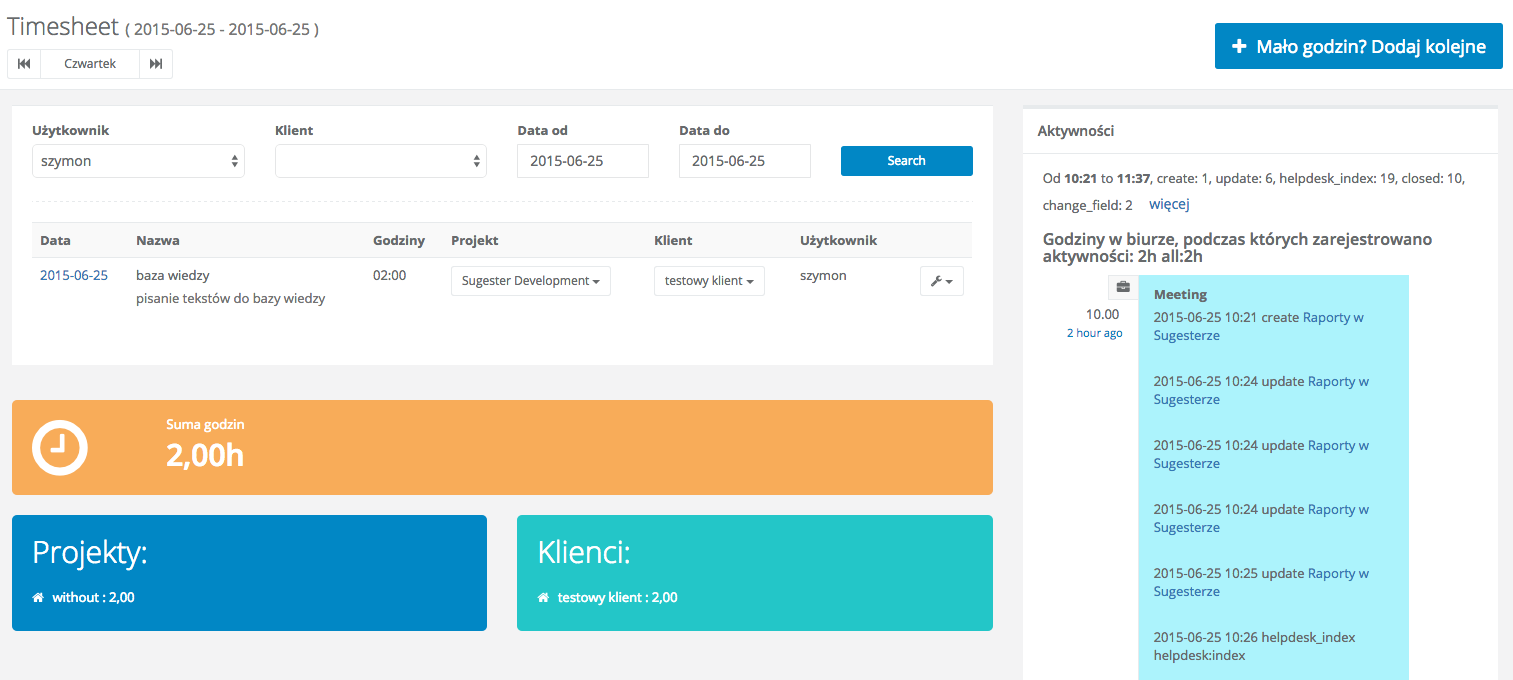 Przykładowy widok strony raportu czasu pracy