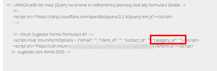 Fragment skryptu formularza generowanego w Sugesterze do wstawienia na stronę