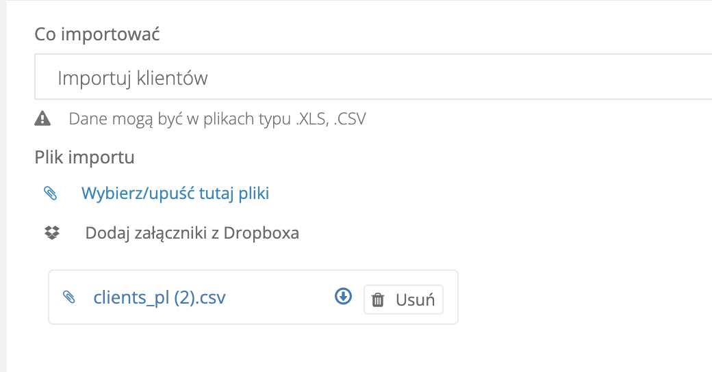 Załączony plik z danymi przy imporcie klientów