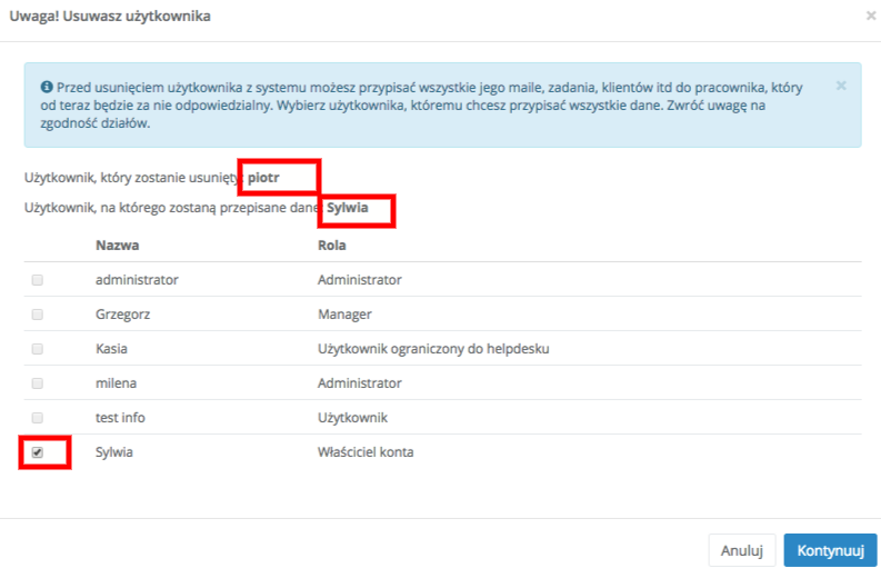 Popup do przepinania zadań, maili i klientów z jednego usera na drugiego przy usuwaniu usera