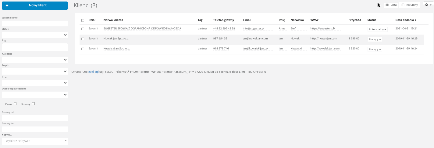lista klientow kwidok kolumnowy