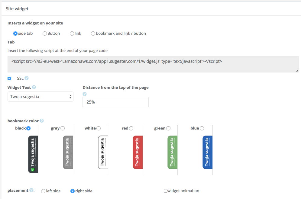 Sugester widget configuration - general options