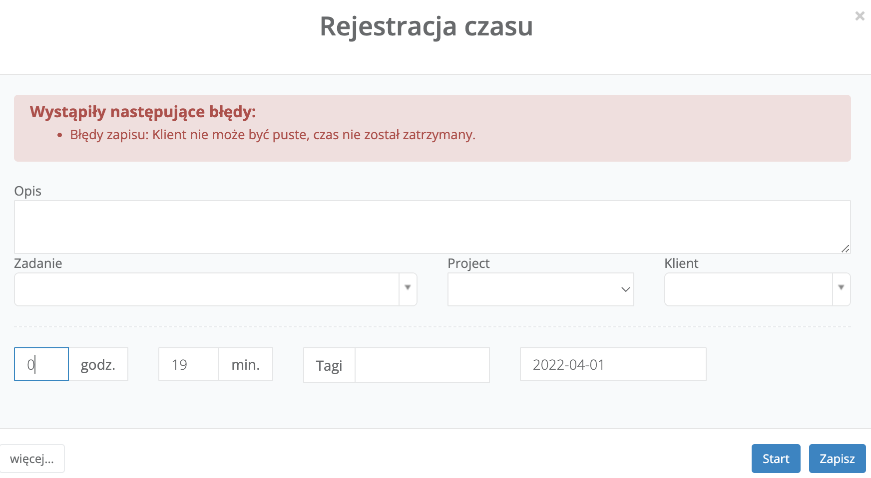 Popup rejestracji czasu pracy w Sugesterze z czerwonym komunikatem, że pole klient nie może być puste