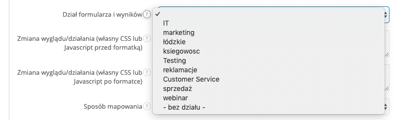 Pole wyboru działu dla formularza i wyników w Sugesterze w konfiguracji formularzy