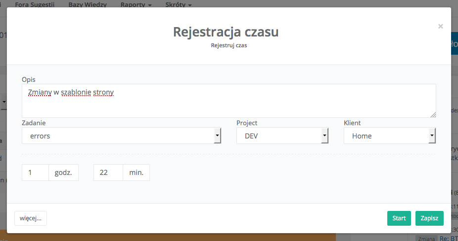 Ekran rozpoczęcia rejestracji czasu