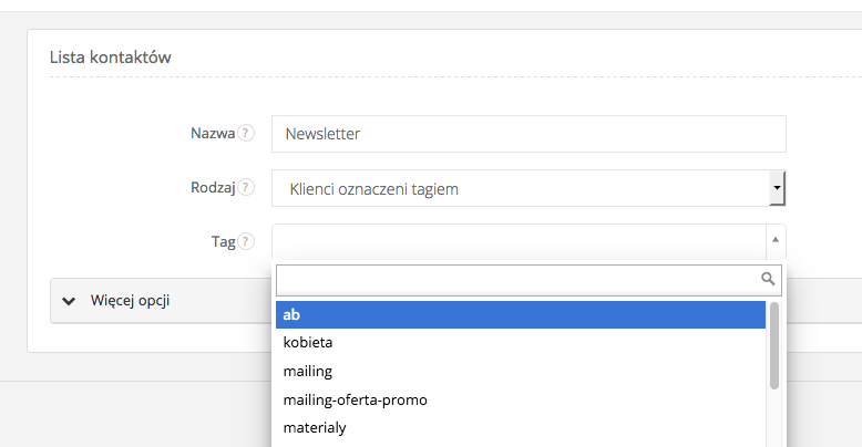 Lista tagów w polu Tag przy tworzeniu mailingu