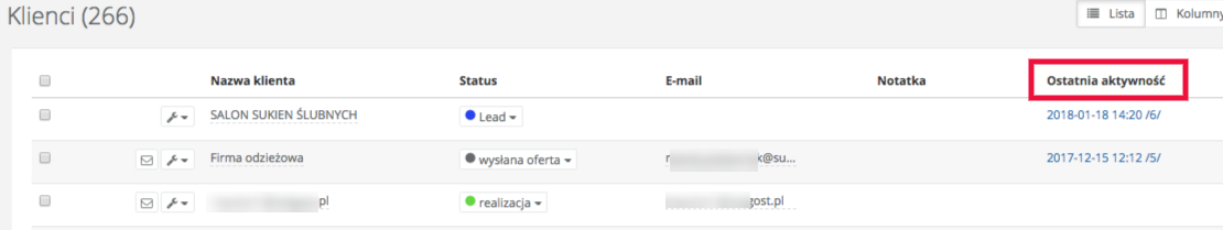 Lista klientów w Sugesterze z zaznaczoną kolumną Ostatnia aktywność