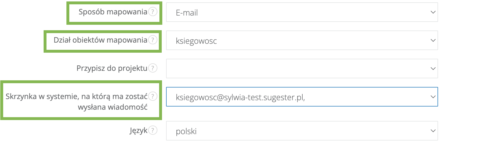 Pola w konfiguracji formularzy w Sugesterze dotyczące mapowania z zaznaczonym na zielono sposobem mapowania, działem i skrzynką