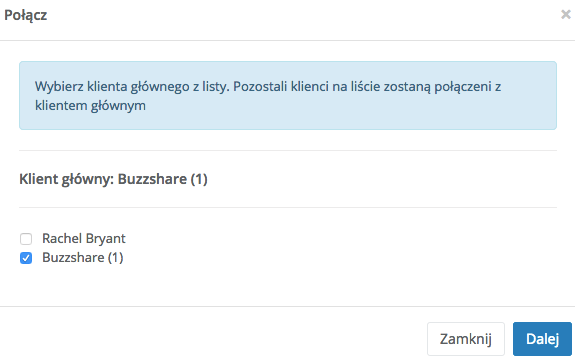 Popup Połącz klientów z dwoma nazwami klienta i zaznaczonym checkboxem przy jednej z nazw