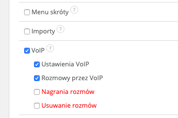 Fragmenty listy uprawnień dla modułu VOIP w Sugesterze