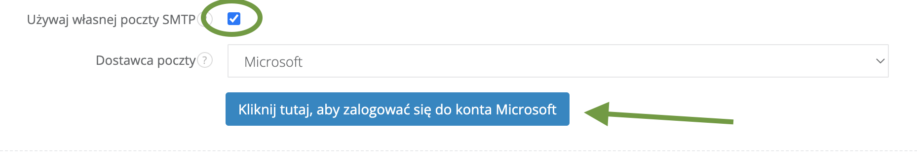 Okienko podczas ustawiania własnego SMTP w Sugesterze z wybraną opcją Microsoft w polu dostawcy