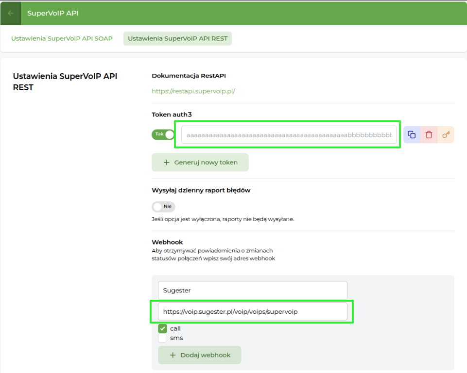 Konfiguracja webhooka w ustawieniach SuperVoIP API REST
