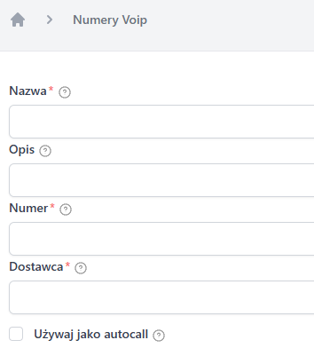 Formularz dodawania numeru VoIP w Sugesterze