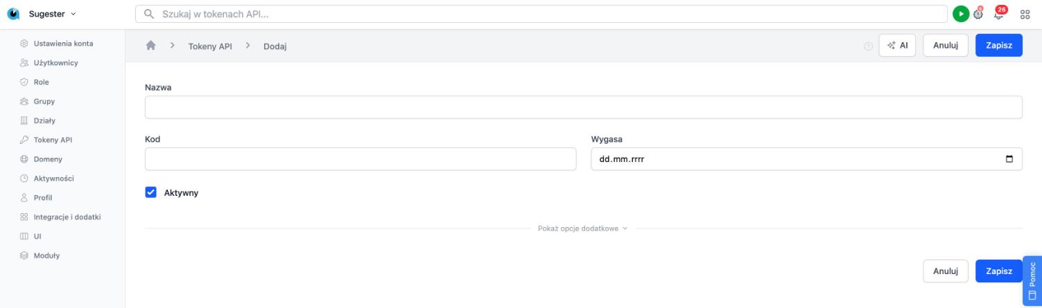Formularz nowego tokenu API