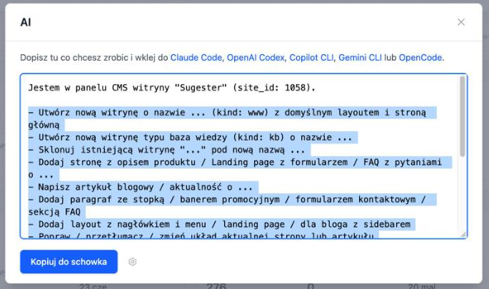 Okno z gotowym promptem spod przycisku AI w CMS