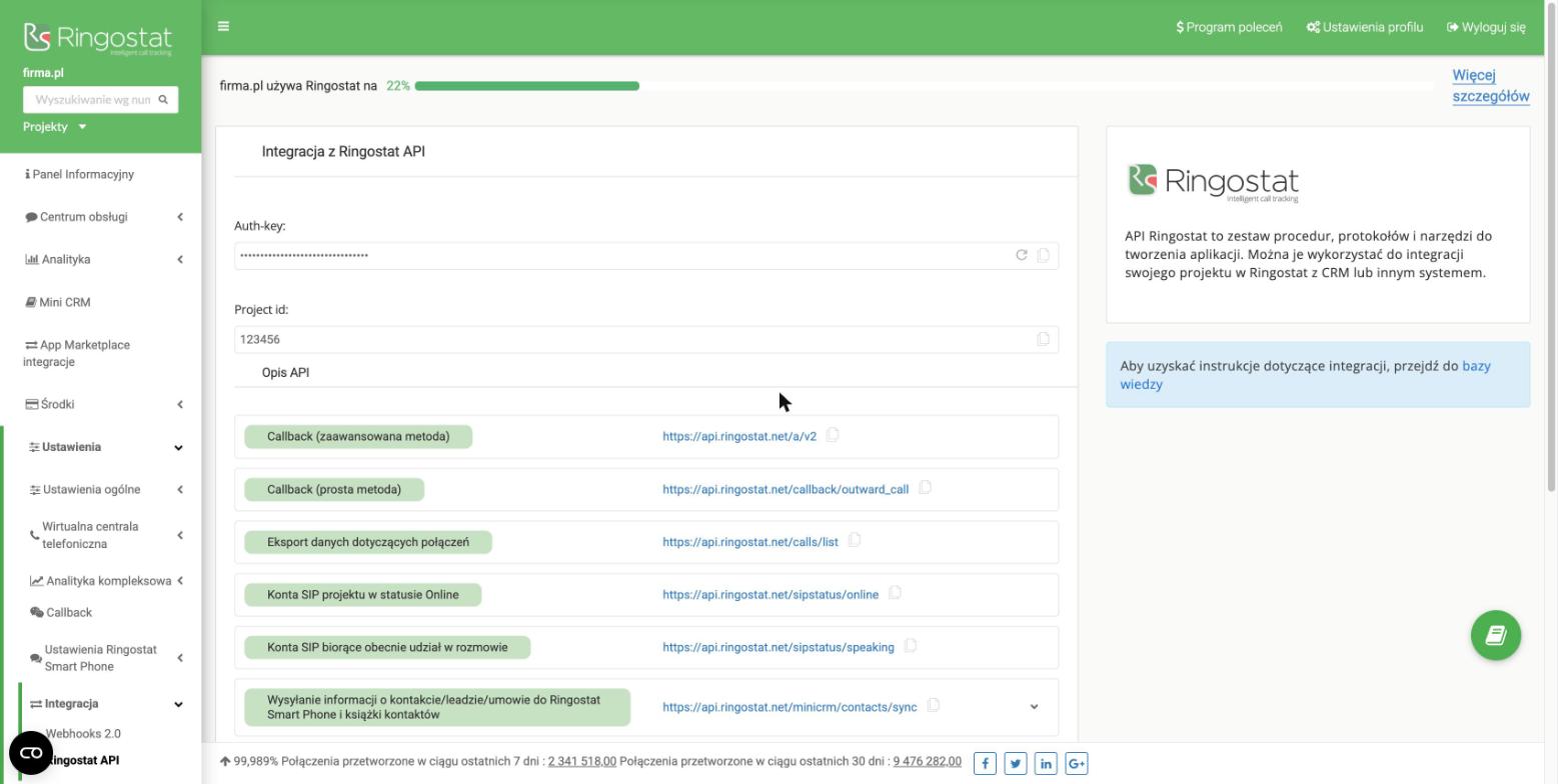 Ringostat API: Auth-key i Project id