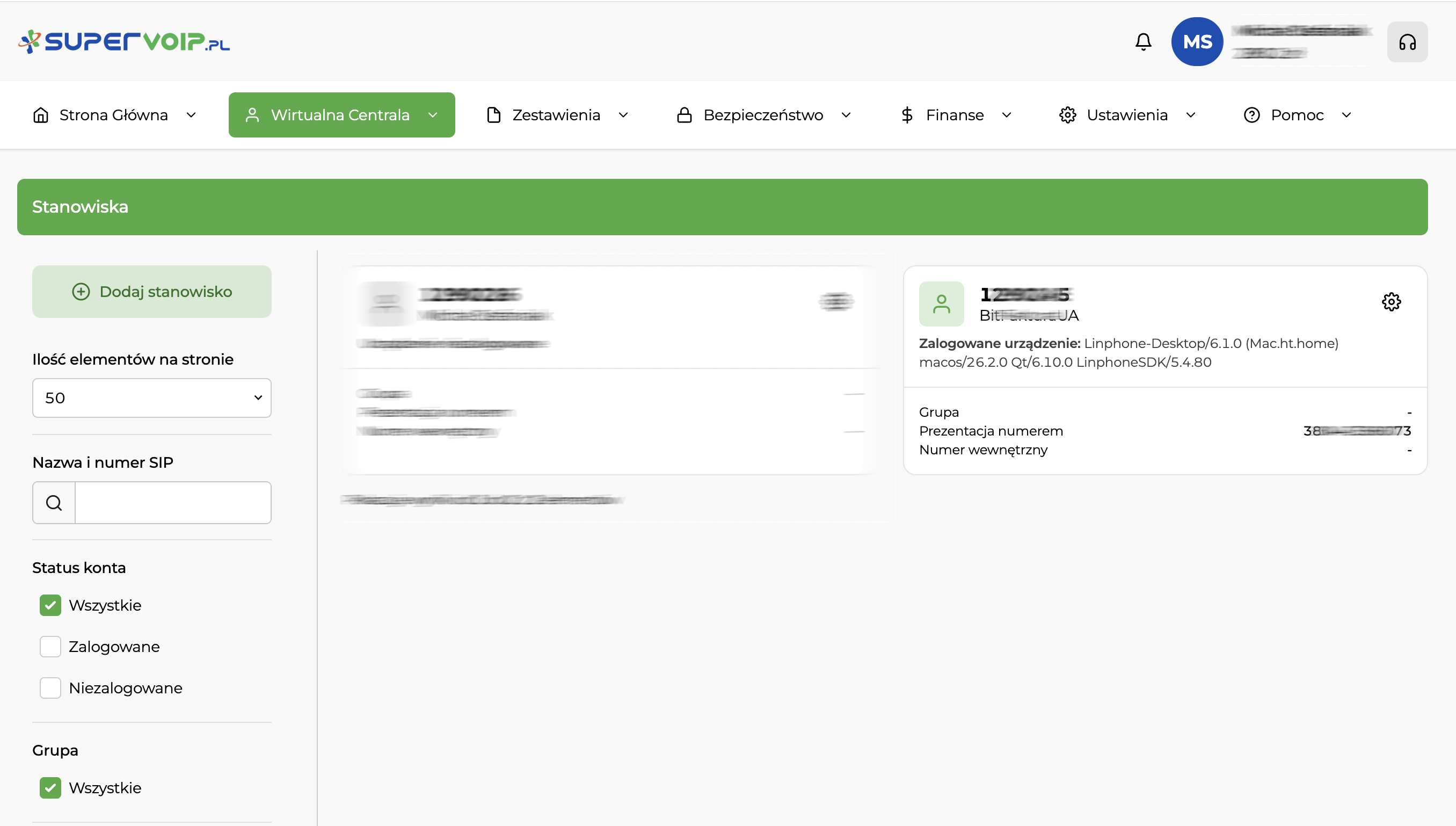 Lista stanowisk SIP w panelu SuperVoIP — Wirtualna Centrala