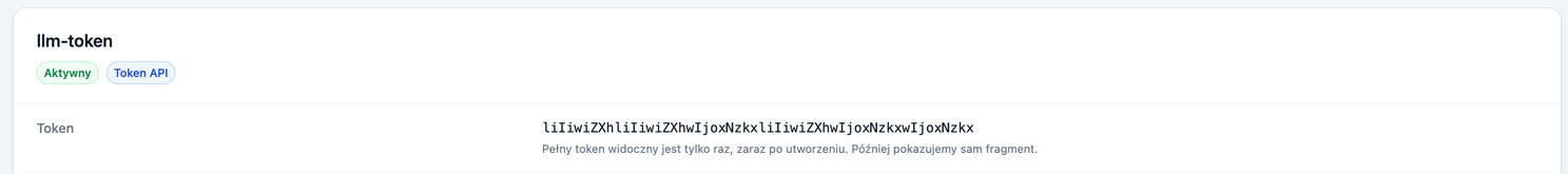 Token widoczny zaraz po zapisaniu