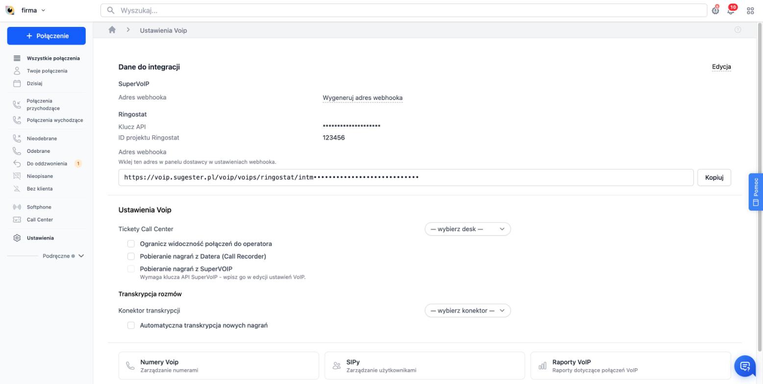 Ustawienia VoIP: sekcja Ringostat z adresem webhooka