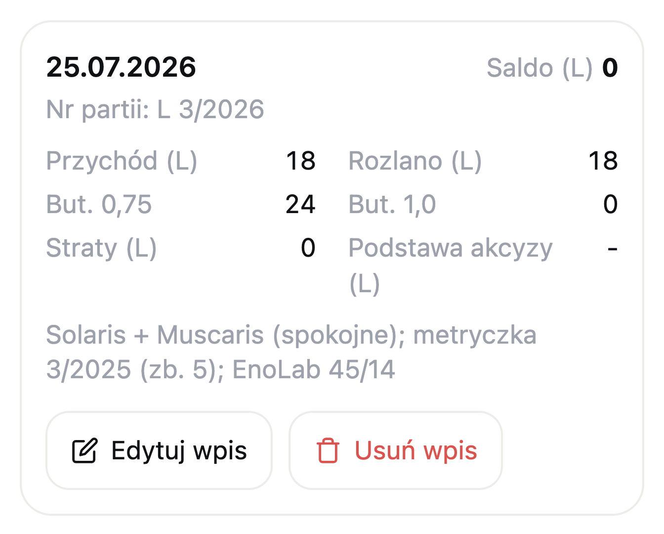 Karta wpisu rozlewu na telefonie z przyciskami Edytuj wpis i Usuń wpis