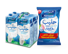 المراعي حليب مجفف مدعم كامل الدسم (عرض خاص) ٢.٢٥ كغم + المراعي حليب طويل الأجل كامل الدسم ٤*١ لتر 