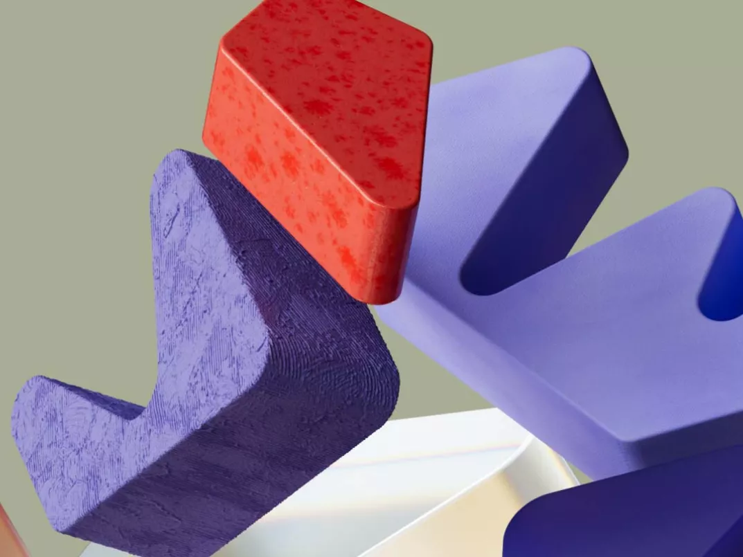 illustrasjon av figurer i 3d, lilla og røde