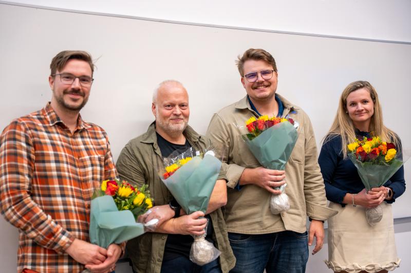 Fire av de fem nominerte til prisen. Fra høyre: Peder Isager, Nikolai Brandal, Bjørnar Østby og Anniken Grønstad.