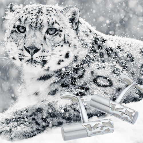 Pair of biiju’s solid silver Camouflage Cufflinks alongside a beautiful snow leopard which was their inspiration