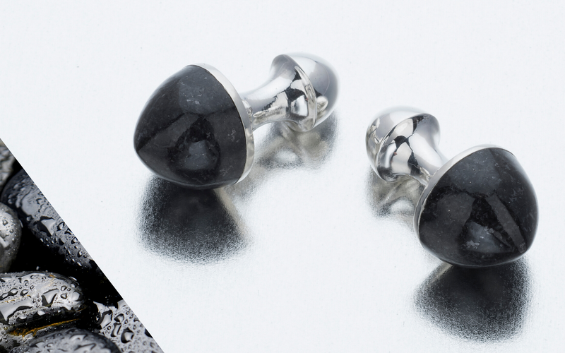 Bullet-shaped cufflinks in highly polished black granite & sterling silver from biiju - luxury fine jewellery for MEN